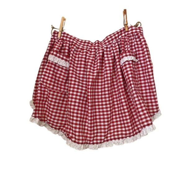 SOLD vintage apron red gingham eyelet trim1960s - Picture 1 of 4